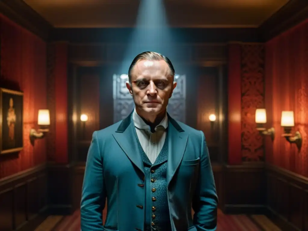 Hannibal Lecter: elegancia y peligro en la penumbra Retrato cinematográfico de Hannibal Lecter en una habitación tenue, rodeado de sombras, con mirada penetrante y sonrisa sutil