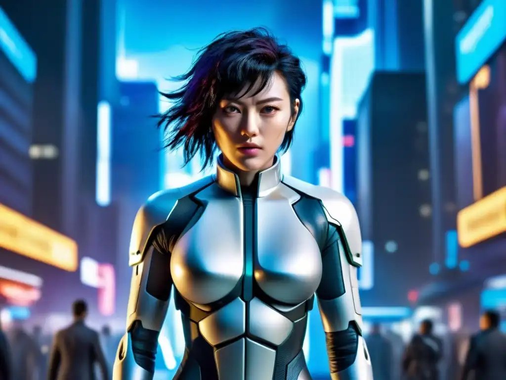 Motoko Kusanagi: Fusión cyborg humana-tecnológica Retrato detallado de Major Motoko Kusanagi de 'Ghost in the Shell' como un cíborg con tecnología integrada en el ser, rodeada de una ciudad futurista