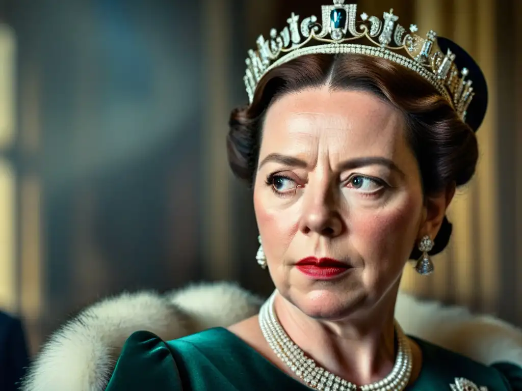 Retrato detallado de Olivia Colman como la Reina Isabel II en 'The Crown', reflejando la historia realeza británica en la serie