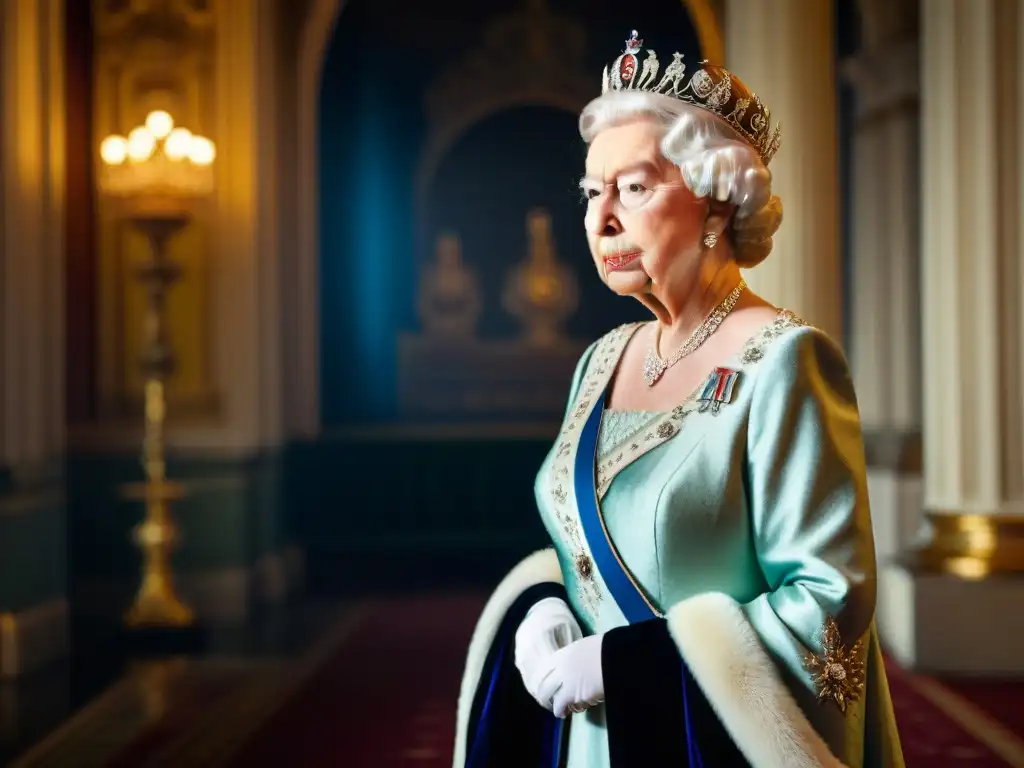 Retrato detallado de la Reina Isabel II en pose majestuosa, con corona y manto de terciopelo, en un lujoso salón de palacio