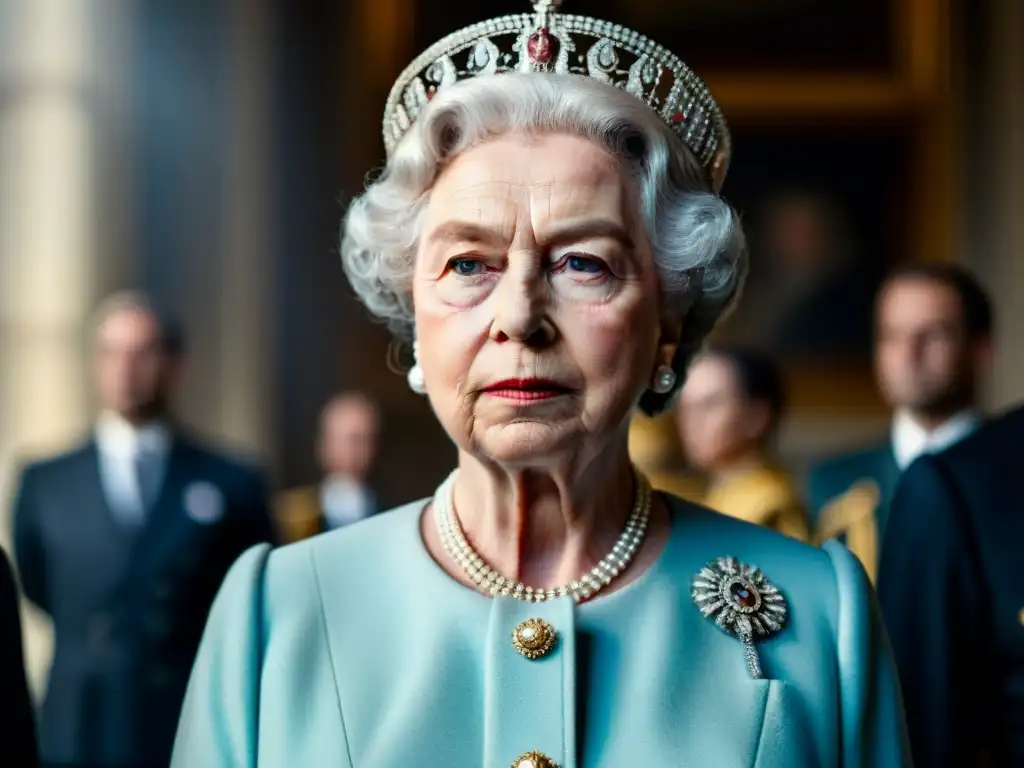 Retrato detallado de la Reina Elizabeth II en 'The Crown', mostrando su presencia regia y expresión poderosa