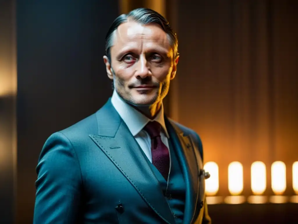 Hannibal Lecter: la mirada penetrante del psicópata Retrato intenso de Mads Mikkelsen como Hannibal Lecter, con una mirada penetrante y una sonrisa amenazante