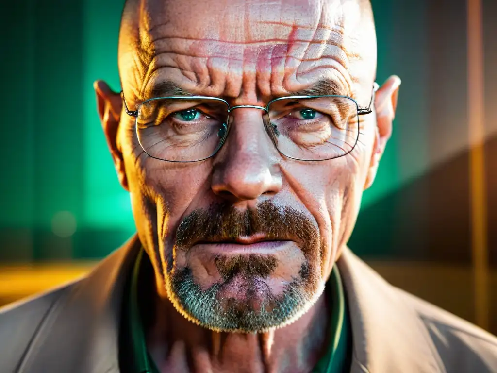 Retrato intenso de Walter White de Breaking Bad, reflejando la moralidad y crimen en ficción