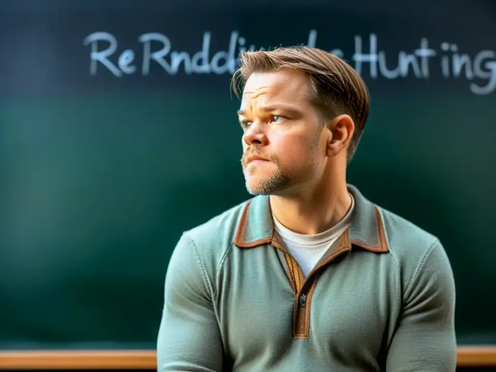 Retrato íntimo de Will Hunting frente a ecuaciones, reflejando su genialidad y lucha interna, en 'El Indomable Will Hunting' (1997)