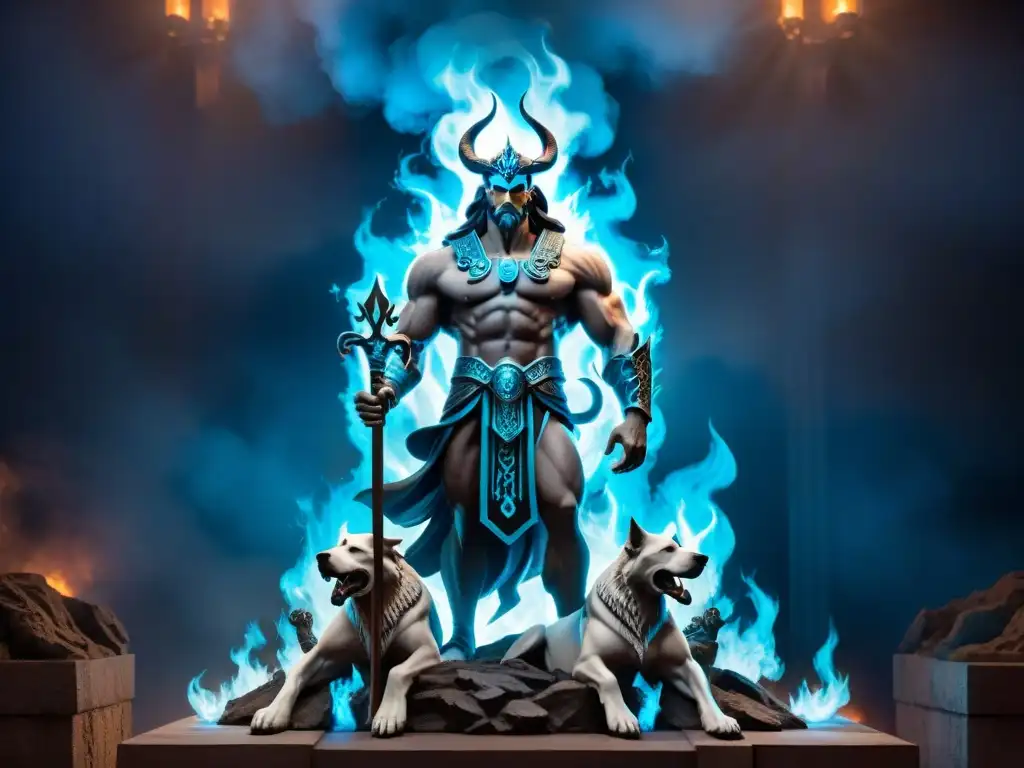 Un retrato majestuoso de Hades, dios griego del inframundo, rodeado de llamas azules en un reino místico