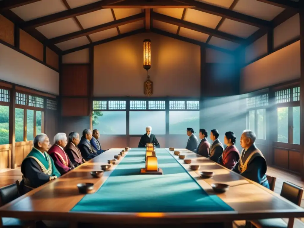 Reunión de consejo de ancianos en Konoha, con líderes de clanes ninja en ambiente solemne y tenso