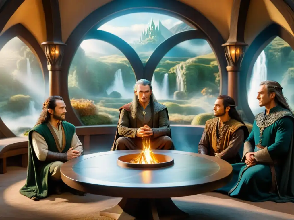 Reunión detallada del Concilio de Elrond en Rivendell de 'El Señor de los Anillos', destacando a Elrond, Aragorn, Gandalf y Frodo