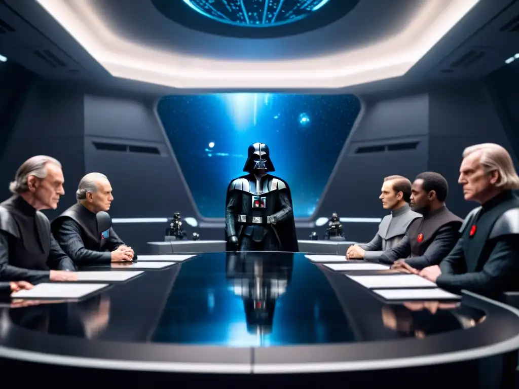 Reunión estratégica en la sala de guerra del Imperio Galáctico, liderazgo en Star Wars análisis