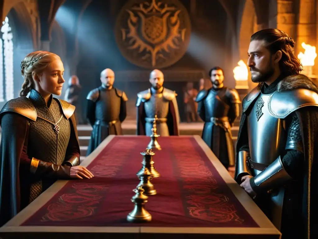 Una reunión política tensa en el Trono de Hierro con personajes clave de 'Juego de Tronos', exudando poder y autoridad
