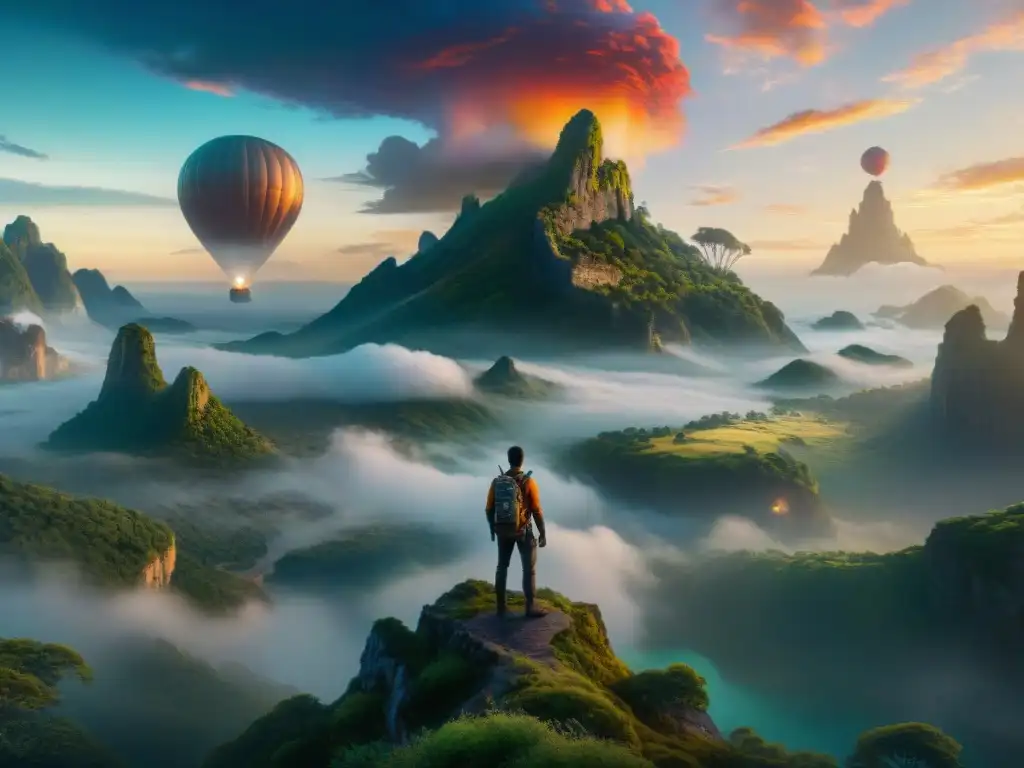 La revelación de mundos ficticios: un joven explorador maravillado ante un paisaje alienígena vasto y asombroso