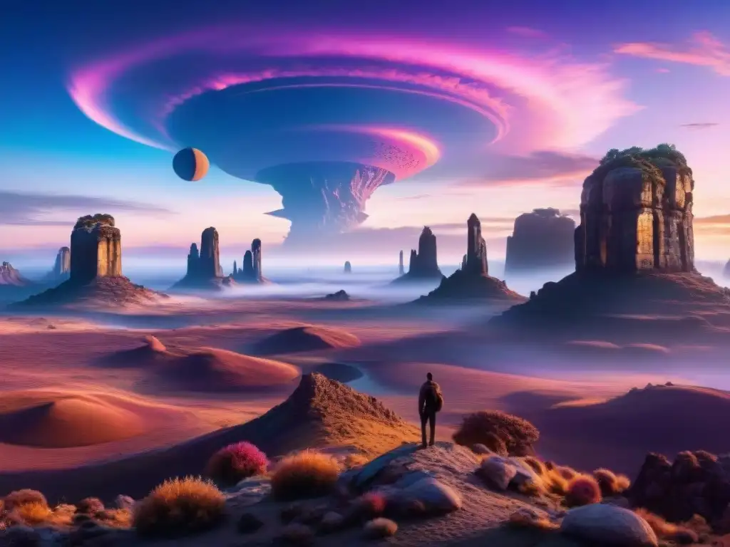 Revelación de mundos ficticios: paisaje alienígena con cielos mágicos y ciudad misteriosa