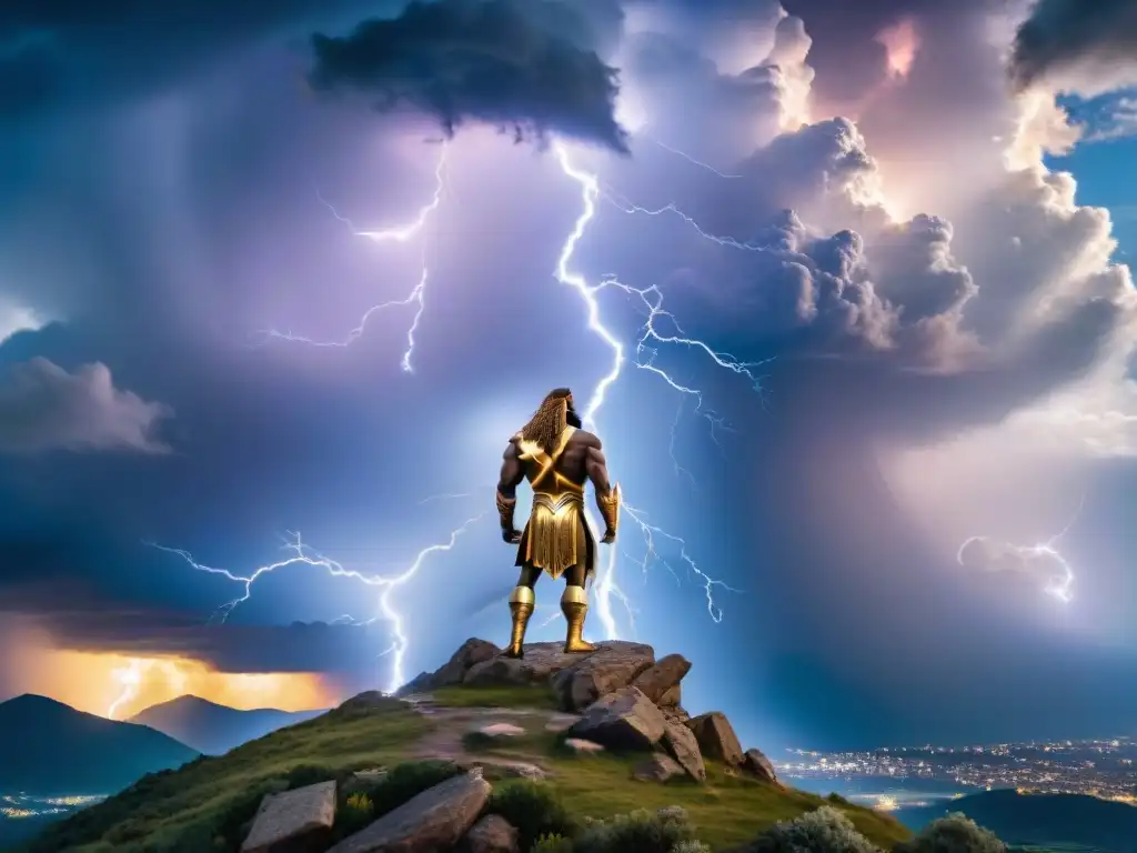 Zeus, el rey de los dioses, en pose majestuosa y poderosa en la cima de una montaña, rodeado de nubes tormentosas