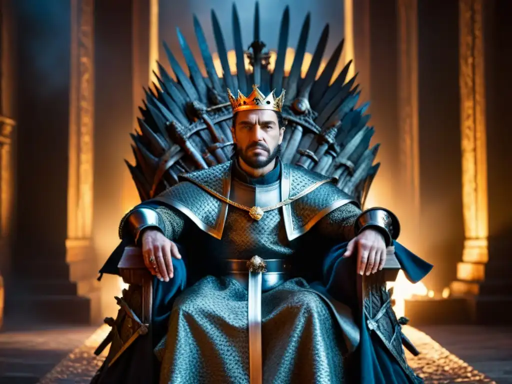 Un rey medieval rodeado de sombras y susurros, representando poder, traición y política al estilo de 'Game of Thrones'