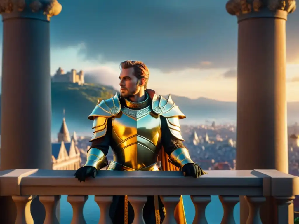 El Rey Supremo Emeric de Wayrest en su balcón real, rodeado de consejeros y guardias, con la luz dorada del atardecer resaltando la escena