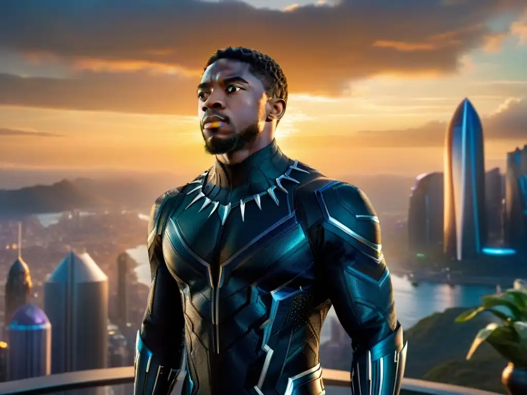 El rey T'Challa, de Black Panther, en Wakanda al atardecer, con vibranium y tecnología futurista