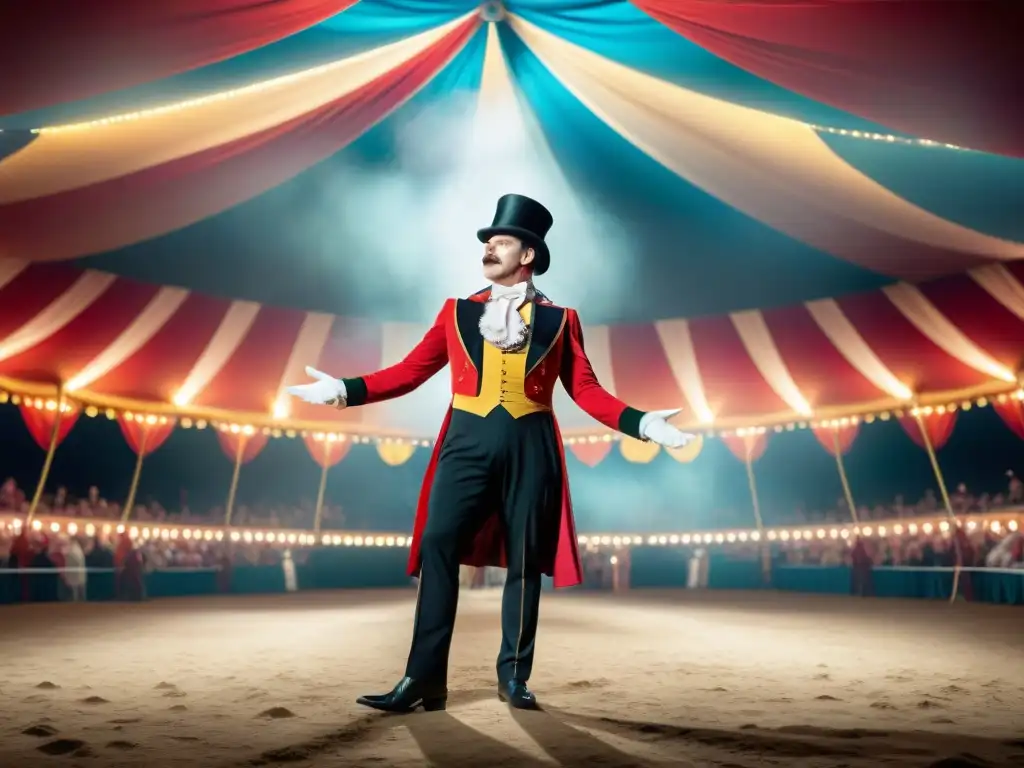 Un ringmaster de circo enérgico bajo la carpa, rodeado de artistas y animales, evocando la emoción del espectáculo