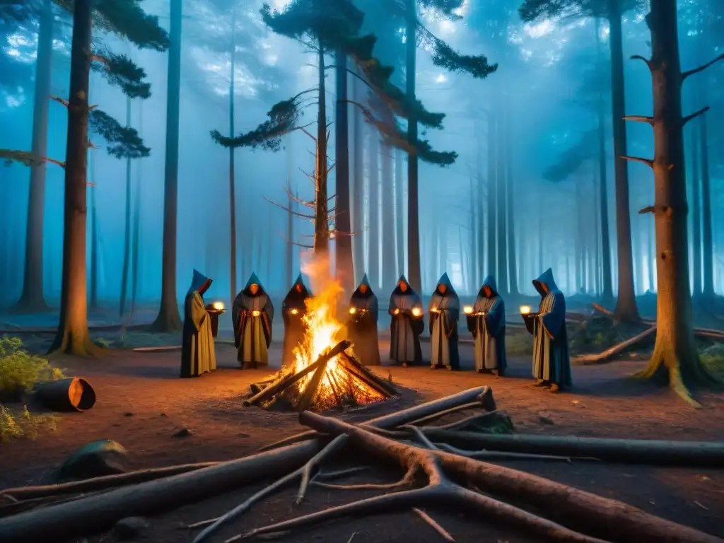 Un ritual misterioso en un bosque sombrío de noche, con figuras encapuchadas y antiguos tomos, bajo la luz de la luna azul