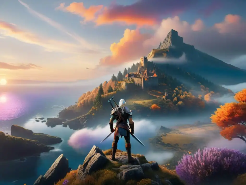 Geralt de Rivia en un acantilado al atardecer con su espada brillante, contemplando el mundo místico de 'The Witcher'