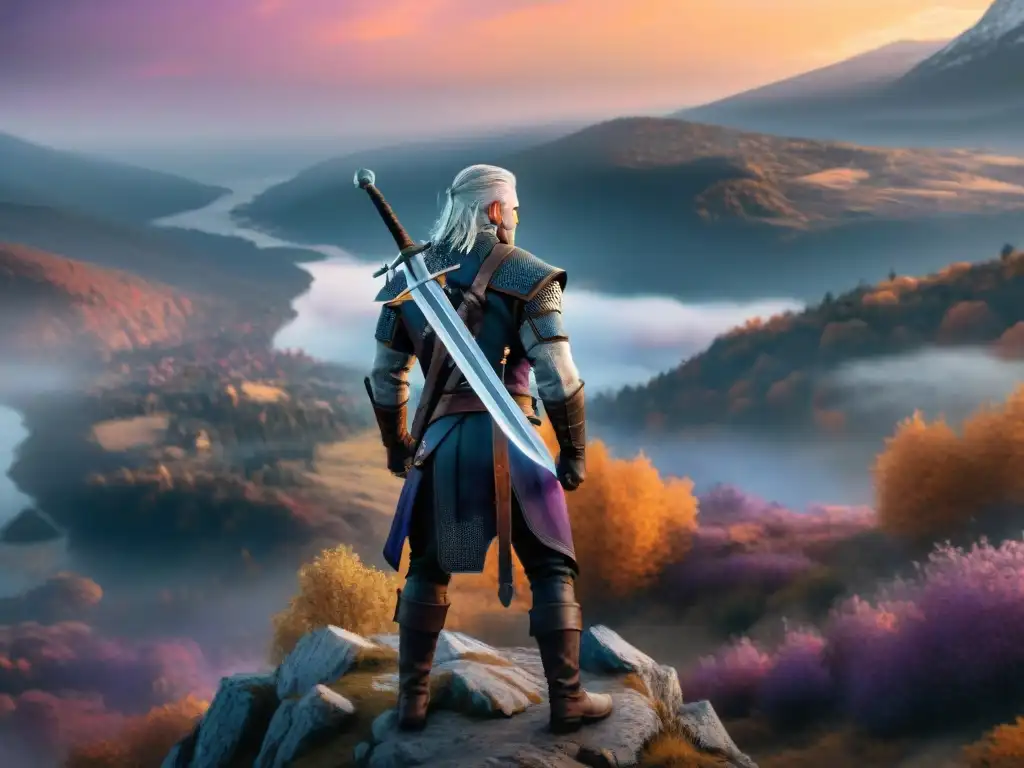 Geralt de Rivia en un acantilado al atardecer, rodeado de criaturas de mitologías europeas en The Witcher