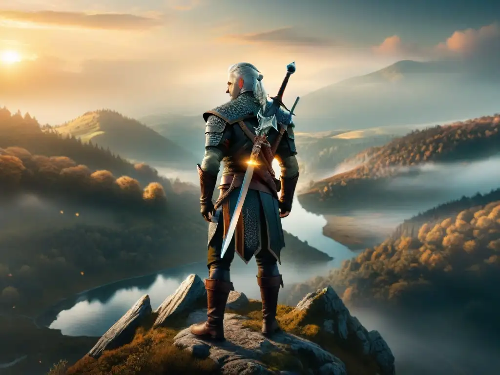 Geralt de Rivia en un acantilado, protegiendo el bosque místico al atardecer