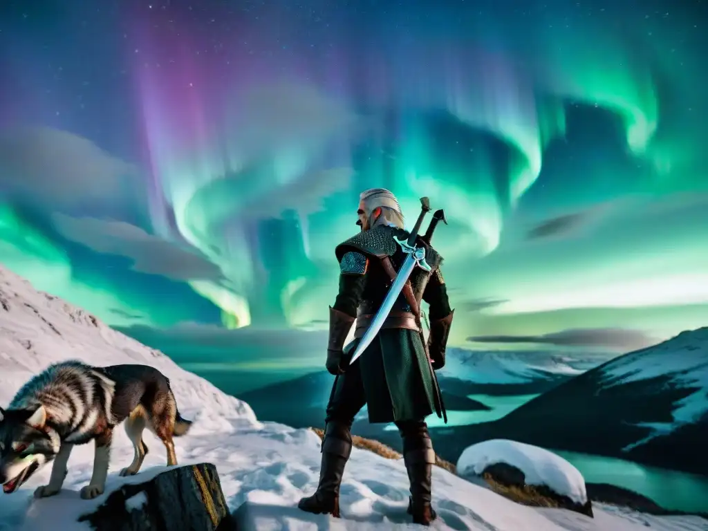 Geralt de Rivia en un acantilado nevado, rodeado de feroces hombres lobo bajo las luces del Norte