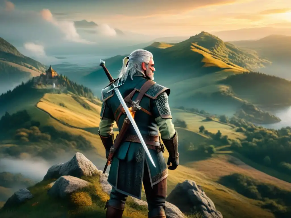 Geralt de Rivia en un acantilado, admirando un paisaje fantasioso al atardecer