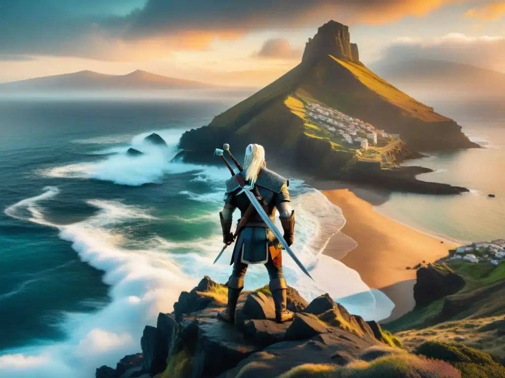 Geralt de Rivia en acantilados de Canarias enfrentando criatura de mitología isleña Witcher