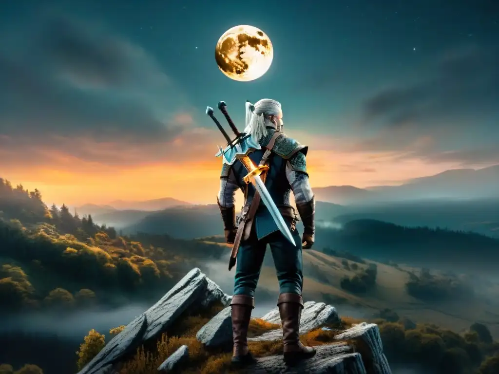 Geralt de Rivia en lo alto de un acantilado, mirando un oscuro bosque iluminado por la luna llena