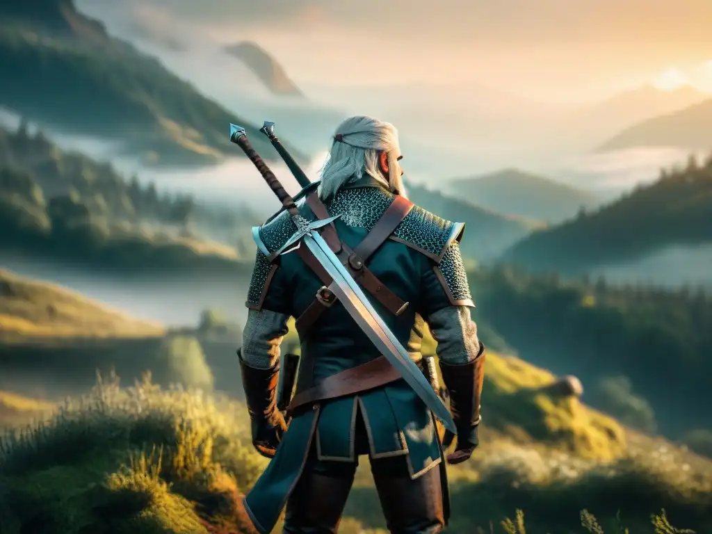 Geralt de Rivia en un bosque brumoso al anochecer, con su espada destacando en la penumbra