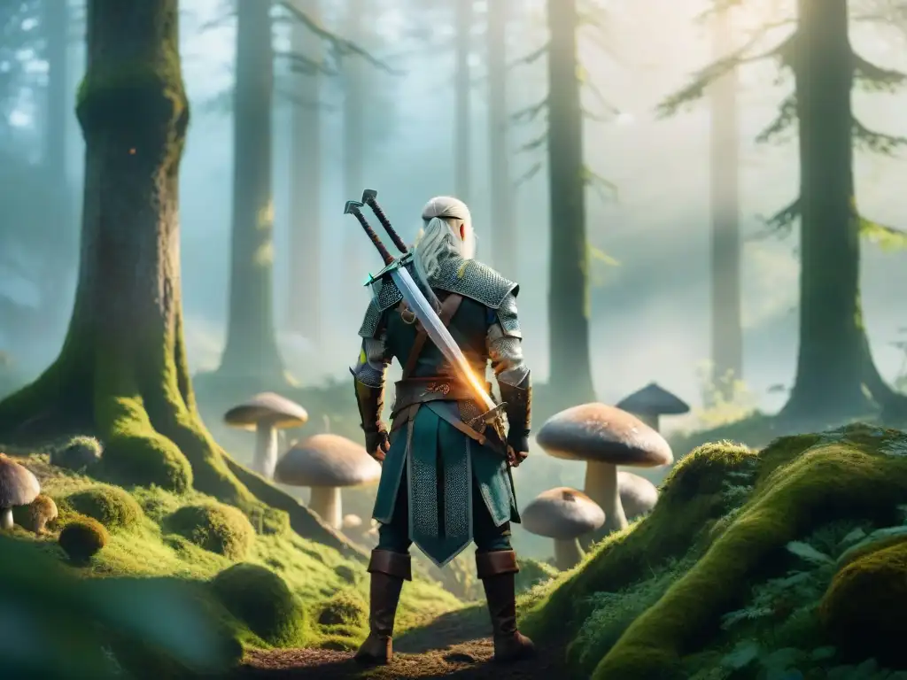 Geralt de Rivia en un bosque celta misterioso con árboles cubiertos de musgo y setas brillantes