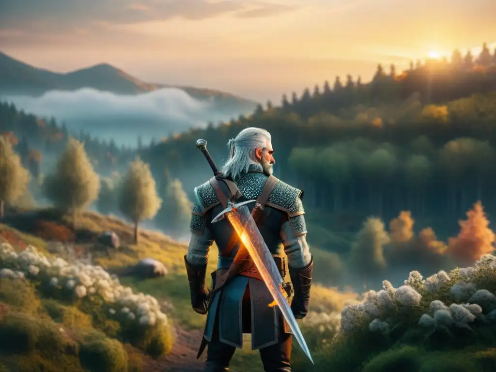 Geralt de Rivia en un bosque eslavo al atardecer, reflejando la influencia de la mitología eslava en The Witcher