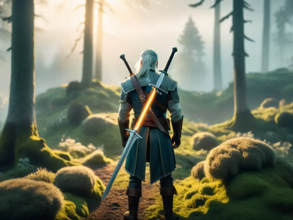 Geralt de Rivia en un bosque eslavo misterioso y peligroso, con su espada plateada lista para la batalla