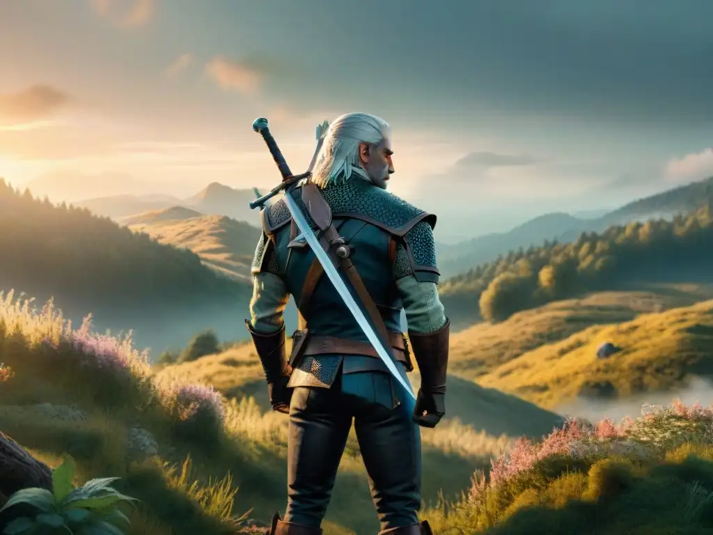 Geralt de Rivia en un bosque místico al atardecer, con ojos brillantes y espada plateada, rodeado de criaturas míticas