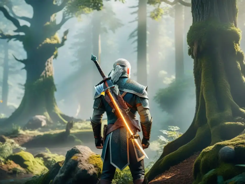 Geralt de Rivia en un bosque místico con criaturas míticas