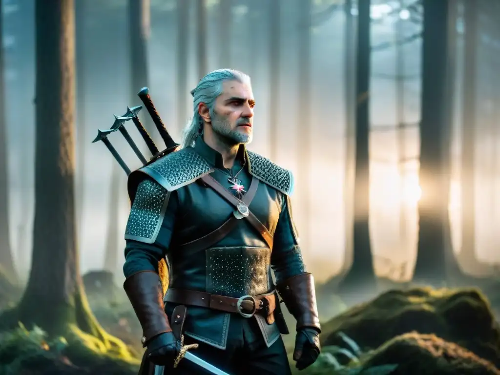 Geralt de Rivia en un bosque místico, con su espada plateada lista