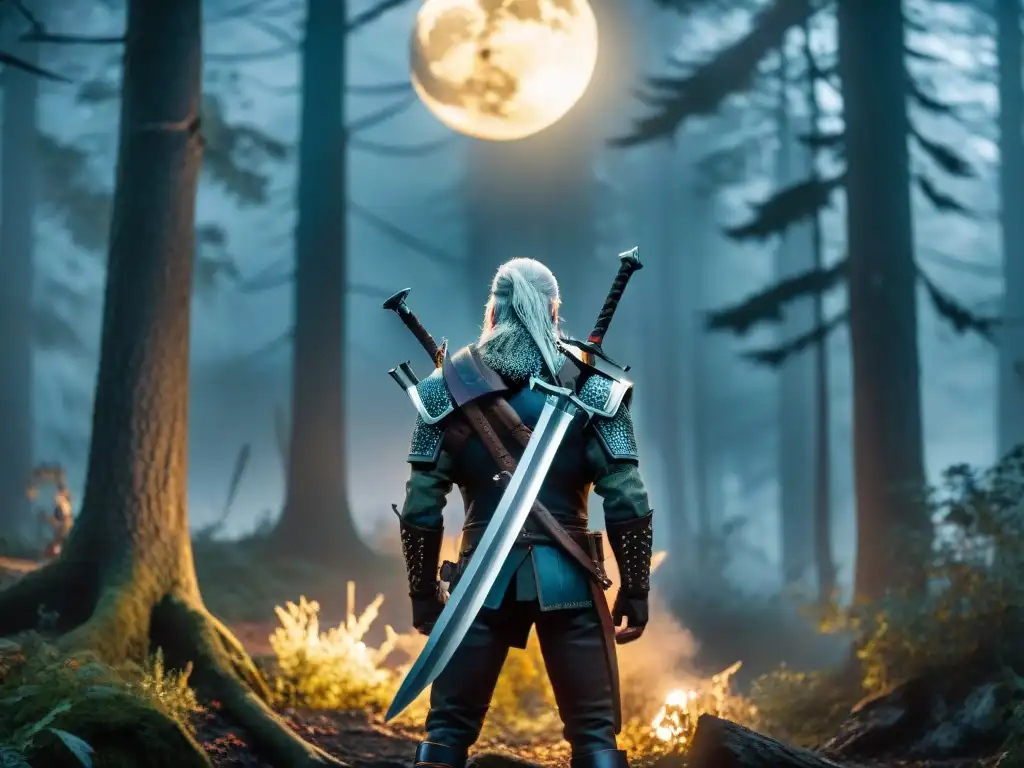 Geralt de Rivia en un bosque oscuro y brumoso, con su espada de plata, iluminado por la luz de la luna