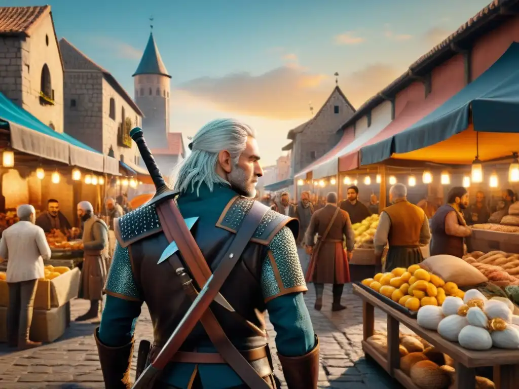 Geralt de Rivia regateando en el bullicioso mercado de Novigrad al atardecer, reflejando la economía en El brujo narrativa