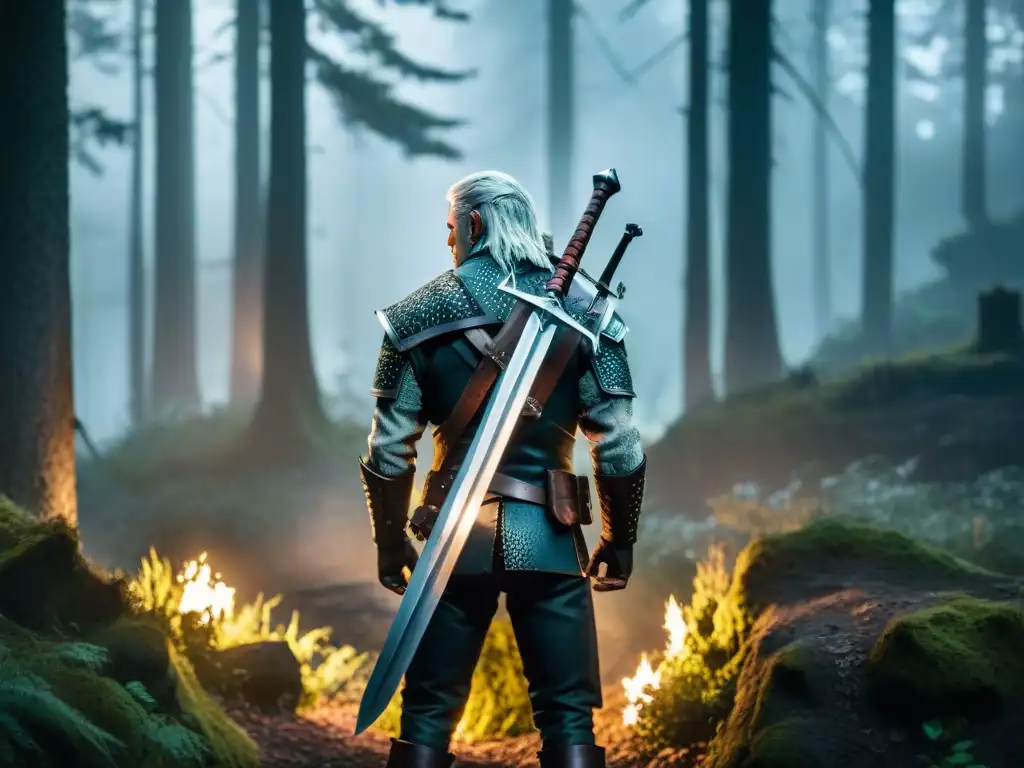 Geralt de Rivia se prepara para enfrentar a una criatura en un bosque místico, iluminado por su espada plateada