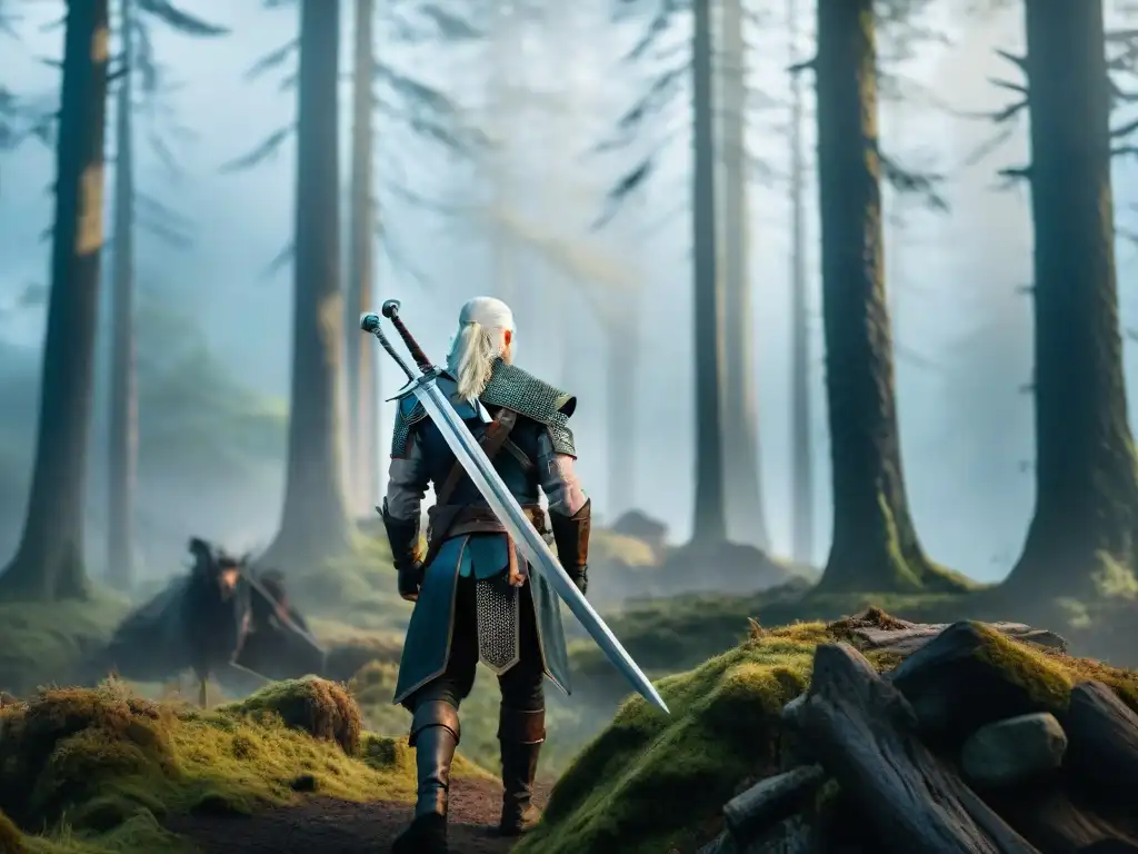 Geralt de Rivia, interpretado por Henry Cavill, en un bosque místico y neblinoso, listo para enfrentar a monstruos