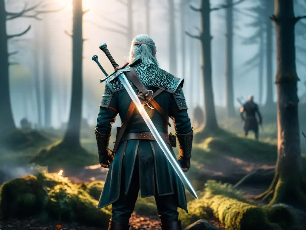 Geralt de Rivia enfrentando a un Leshy en un bosque eslavo al anochecer, capturando la mitología eslava en The Witcher