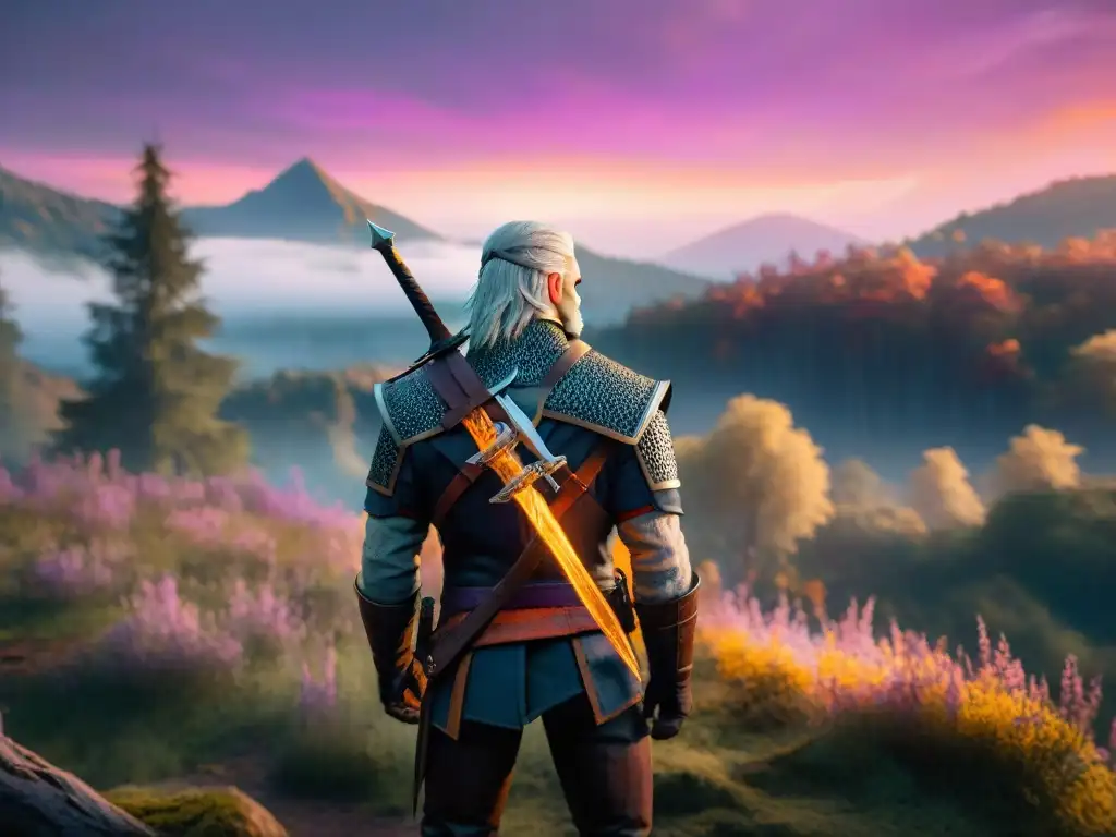 Geralt de Rivia en la mística foresta al atardecer