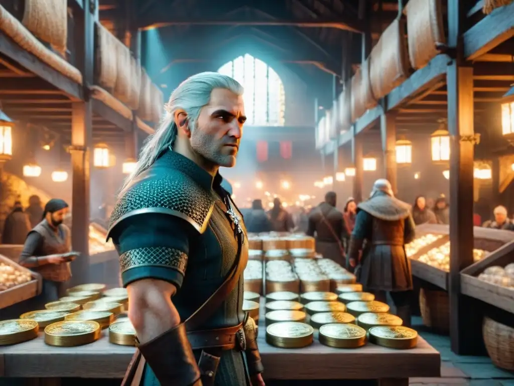 Geralt de Rivia sostiene una moneda brillante en un mercado medieval, reflejando la economía en la narrativa de El brujo