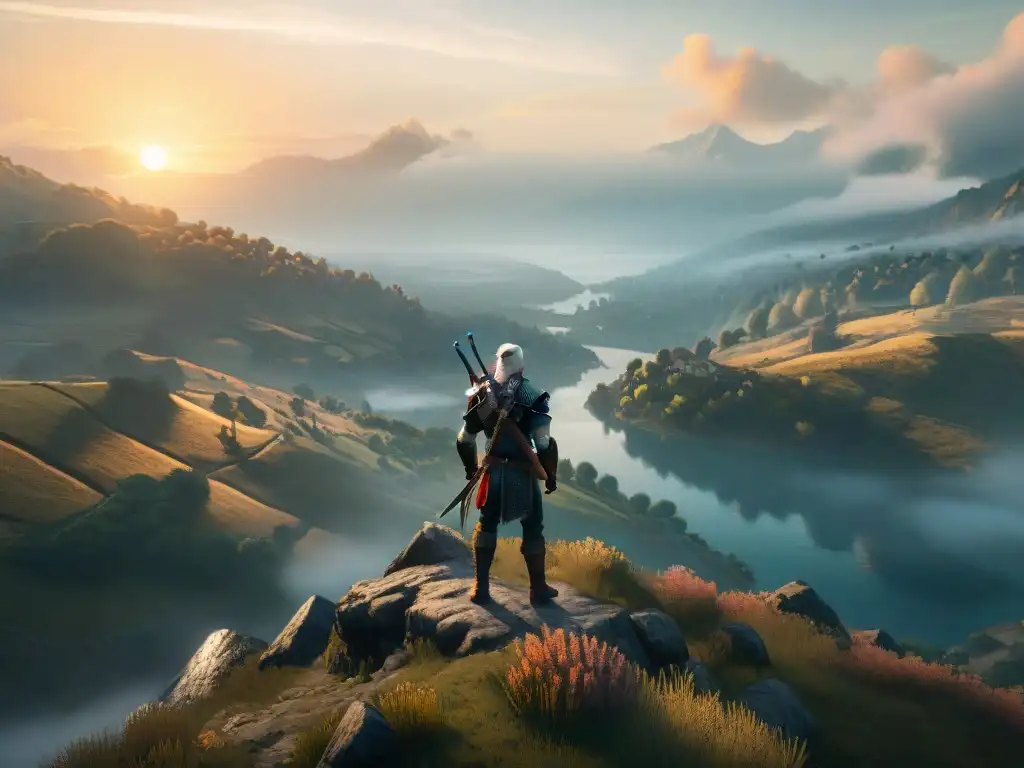 Geralt de Rivia contempla el paisaje del Continente al atardecer, evocando exploración de mundos ficticios profundos en The Witcher 3