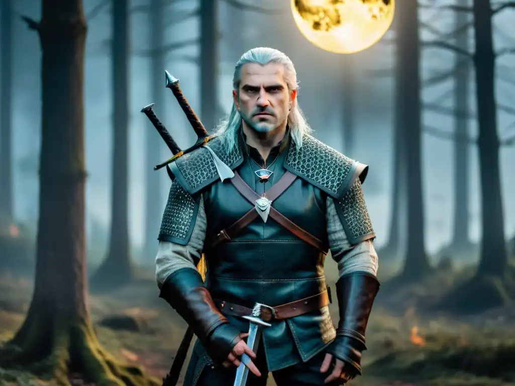 Geralt de Rivia se prepara para enfrentar peligros en un bosque místico bajo la luz de la luna llena