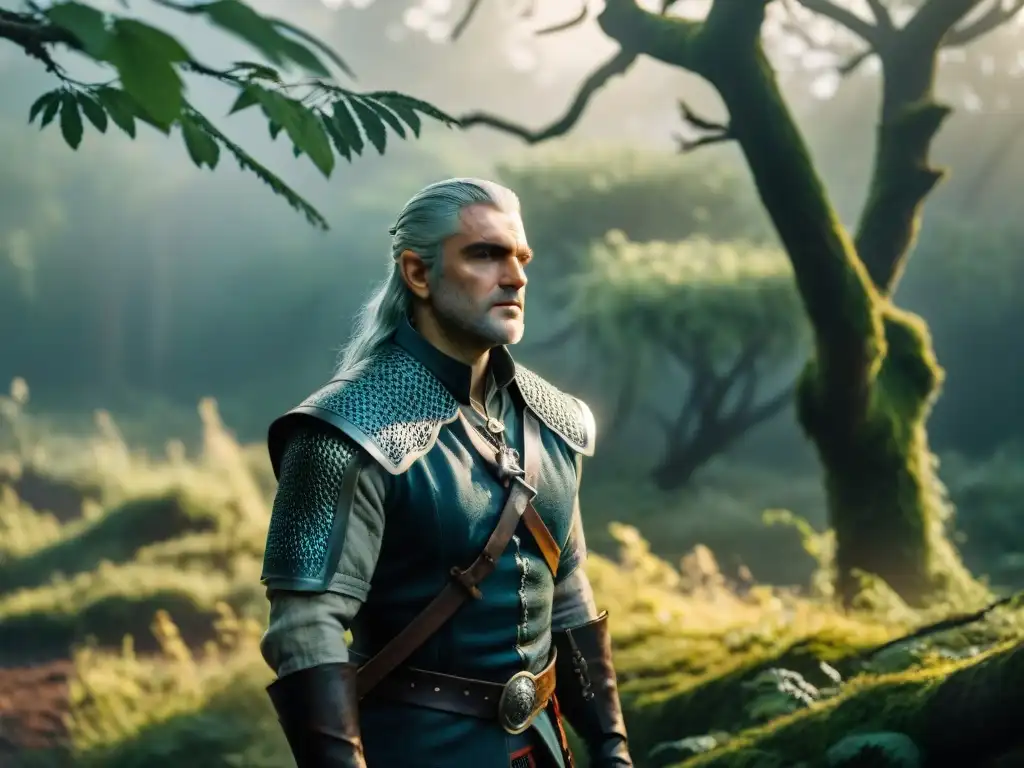 Geralt de Rivia, protagonista de The Witcher, en un bosque eslavo al anochecer, reflejando la mitología eslava en The Witcher