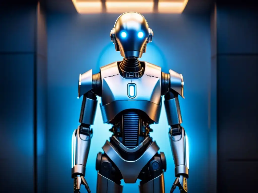 Un robot futurista con detalles metálicos en una sala oscura iluminada con tonos azules brillantes, evocando a los droides de Star Wars