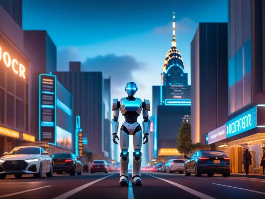 Metrópolis futurista: robot admira la ciudad iluminada Un robot humanoide contempla una ciudad futurista iluminada por luces de neon, reflejando la ética en películas de ficción sobre inteligencia artificial