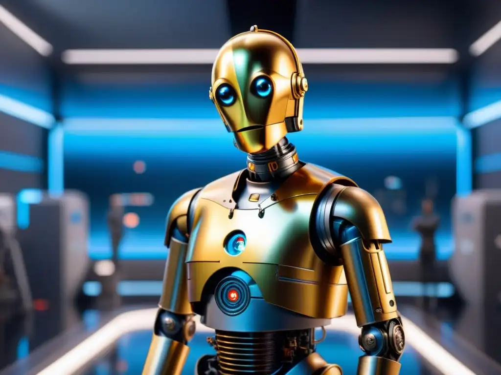 Un robot humanoide con tecnología avanzada en un laboratorio futurista, evocando la innovación de Star Wars