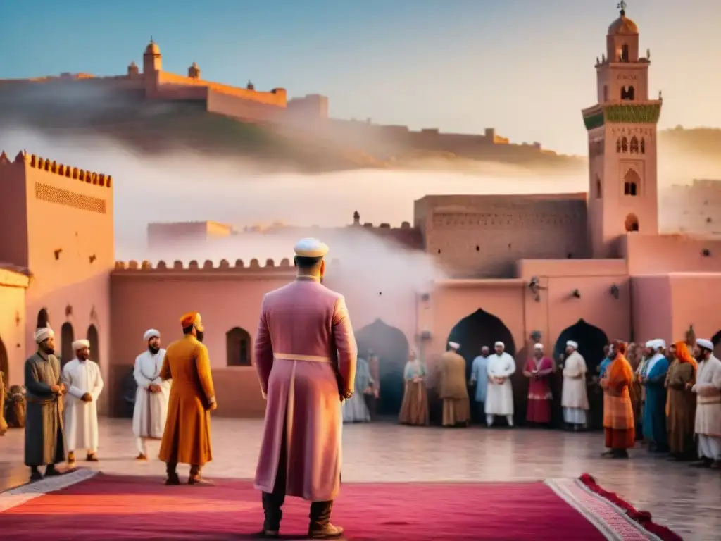 Rodaje vibrante al atardecer en Marruecos, actores romanos con arquitectura tradicional