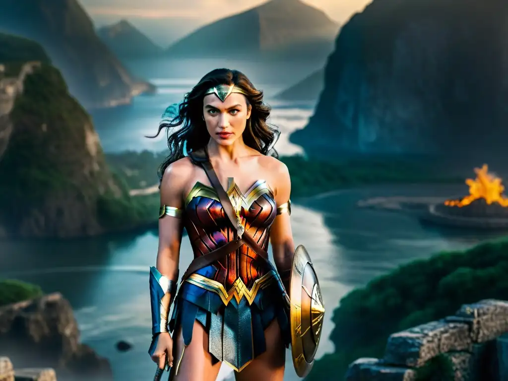 Representación épica de Wonder Woman rodeada de símbolos de la mitología griega, reflejando su fuerza y determinación